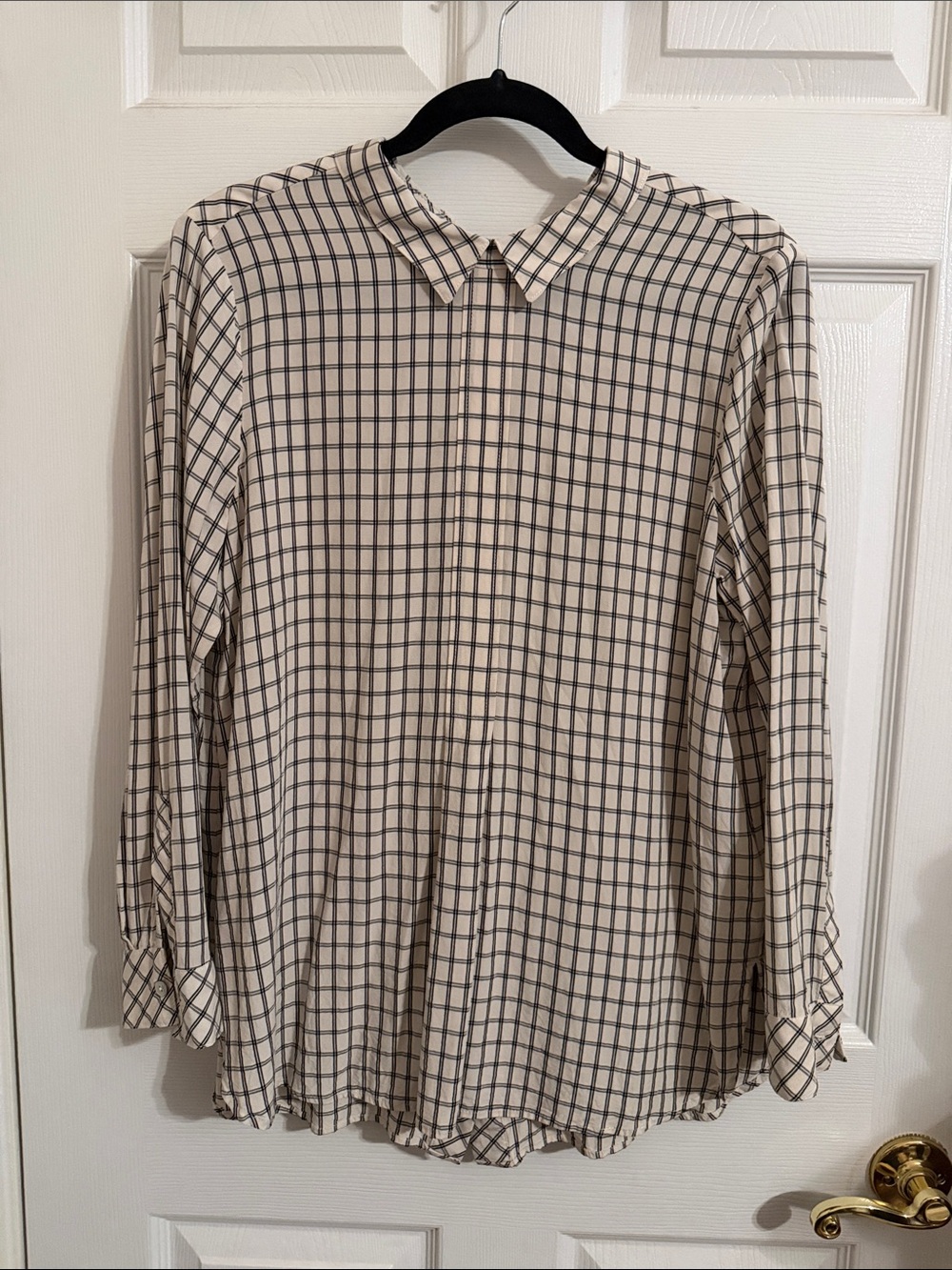 J.Jill Button Down Back Windowpane Shirt Size Medium Collared Lagenlook Rayon